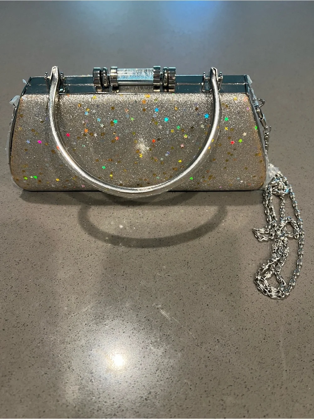 Silver Glitter Star Clutch Bag with Chain Strap